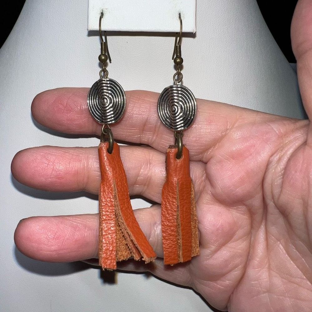 Boho Silver Tone Swirl and Leather Fringe Dangle Earrings - Picture 3 of 4